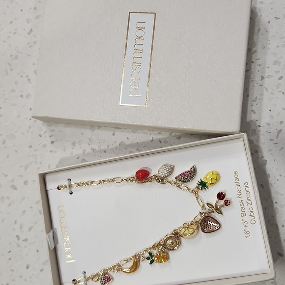 🍒🔹️ Persimmon🔹️ Gold Tone Charm 16" Necklace with Colorful Fruit Accents - Picture 7 of 7